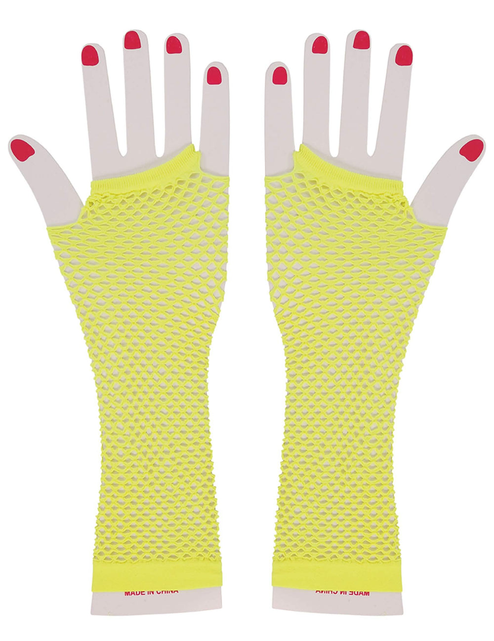 Vue de face des mitaines longues résille jaune fluo