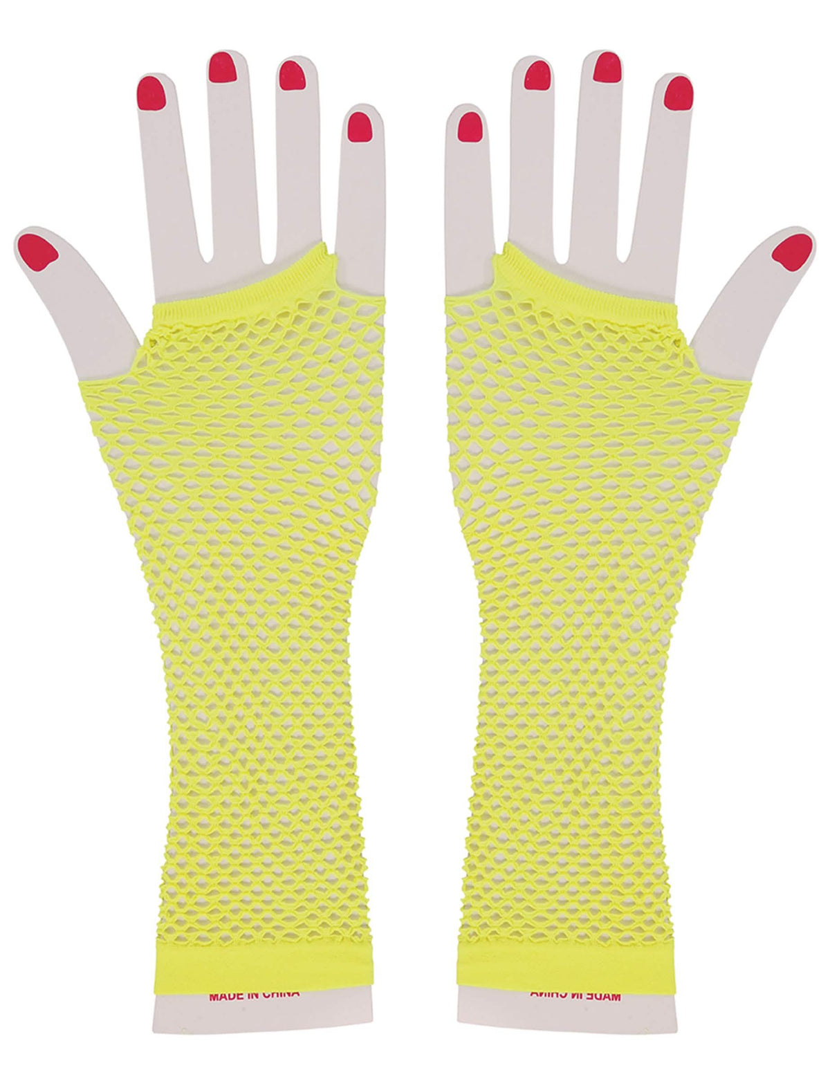 Vue de face des mitaines longues résille jaune fluo
