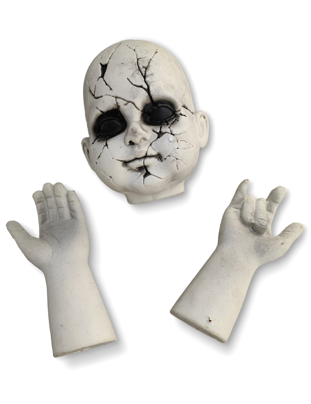 Morceaux de poupée tête et mains pour décoration d'Halloween blanc craquelé
