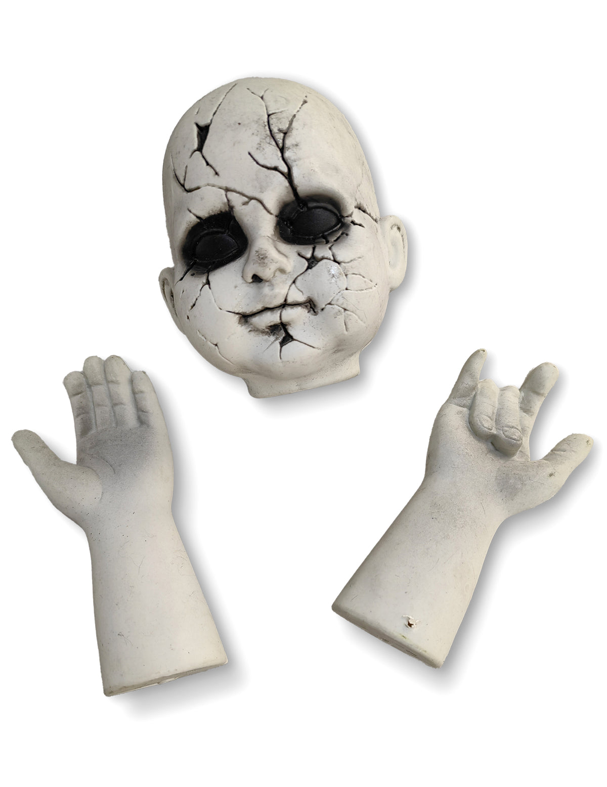Morceaux de poupée tête et mains pour décoration d'Halloween blanc craquelé