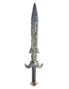 Épée mystique grise et dorée avec garde sculptée en tête de dragon