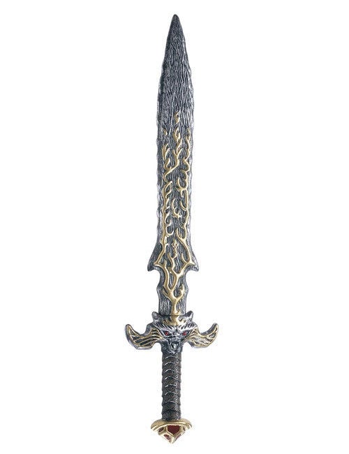 Épée mystique grise et dorée avec garde sculptée en tête de dragon