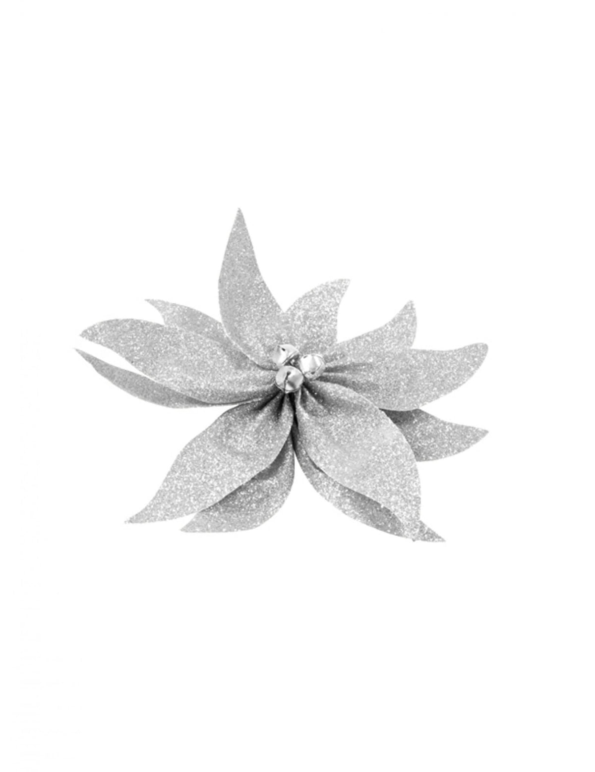 Laço de poinsettia com guizos de natal para decoração com brilho prateado