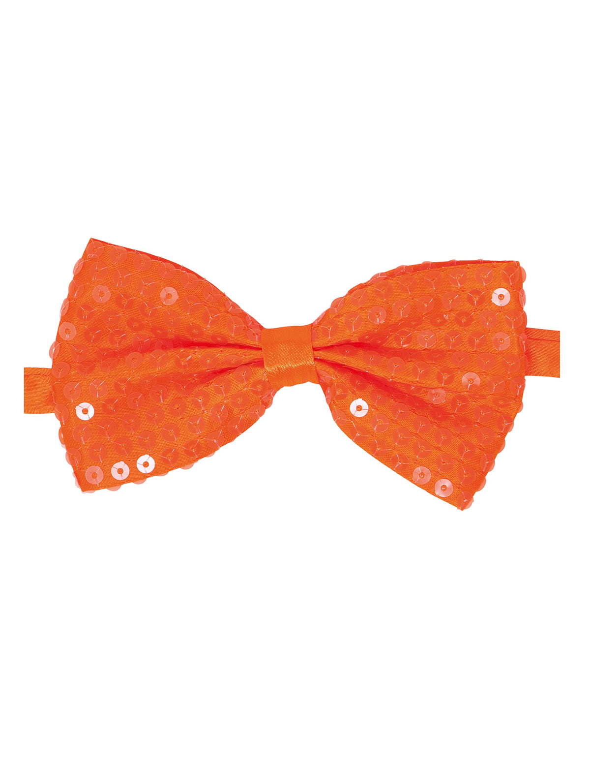 Vue de face du nœud papillon à sequins pour adulte orange néon