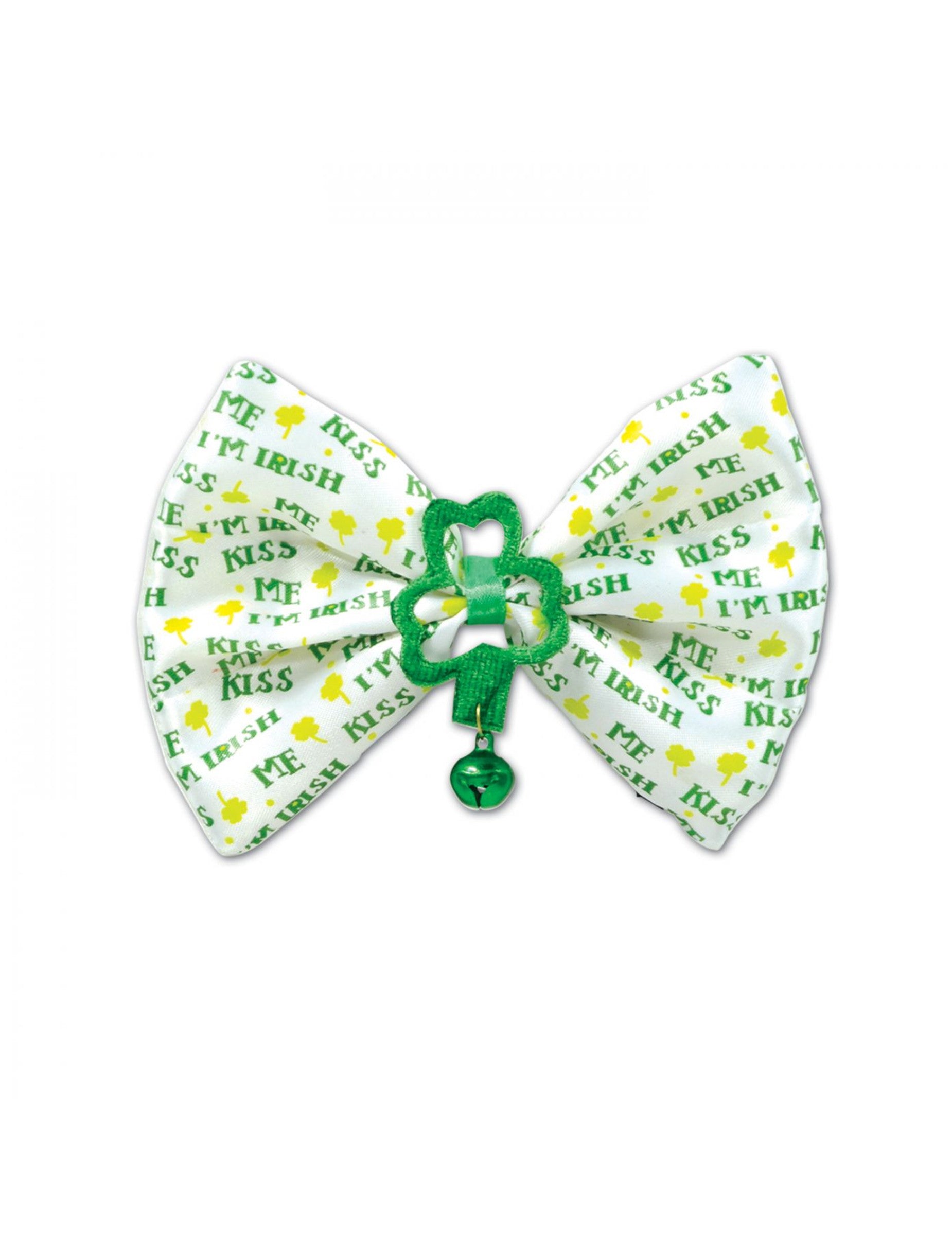 Nœud papillon trèfles Kiss me I'm irish pour adulte blanc et vert avec grelot
