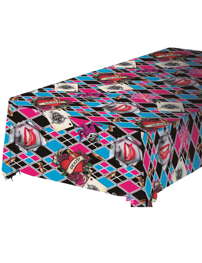Nappe Dangerous Girl en PVC rose bleu et noir à motifs losanges et têtes de mort
