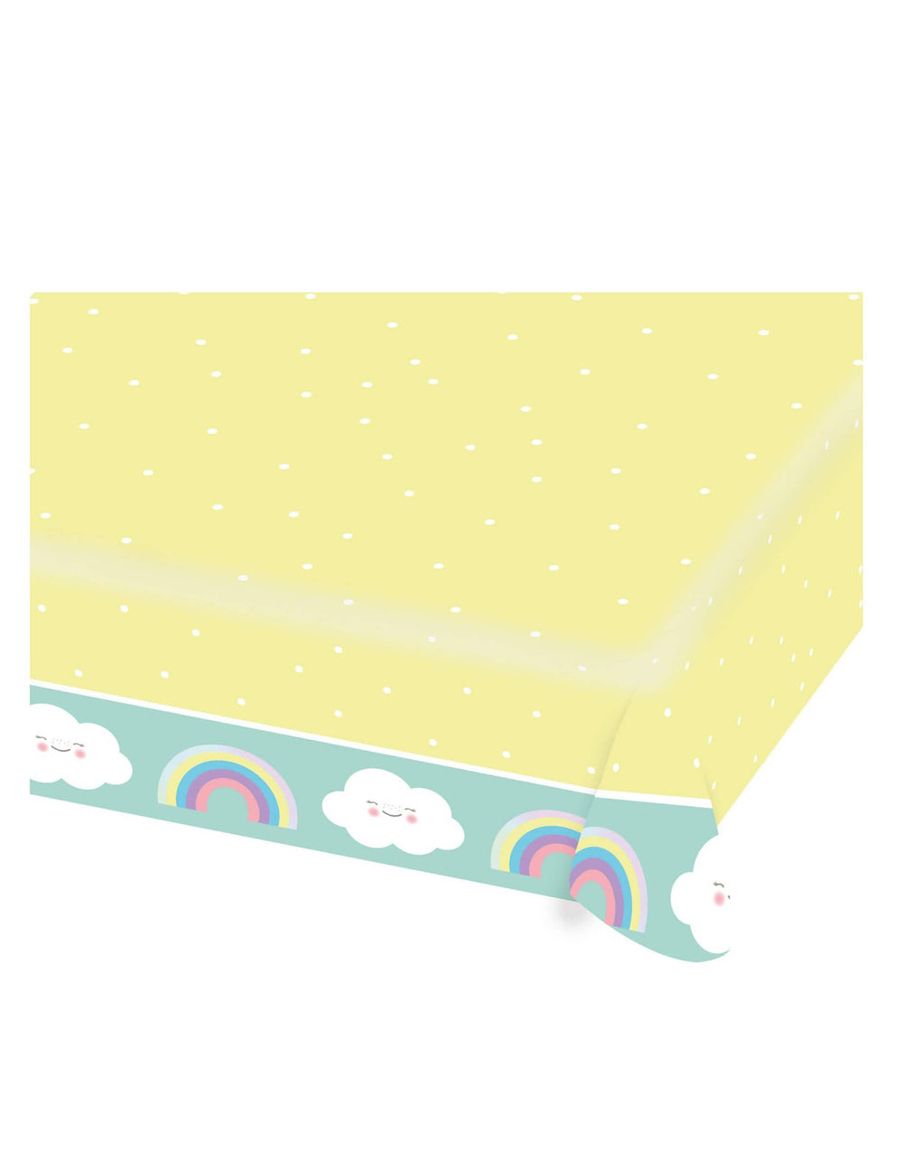 Toalha de mesa de papel pequena nuvem para aniversário amarela e de menta com arco-íris