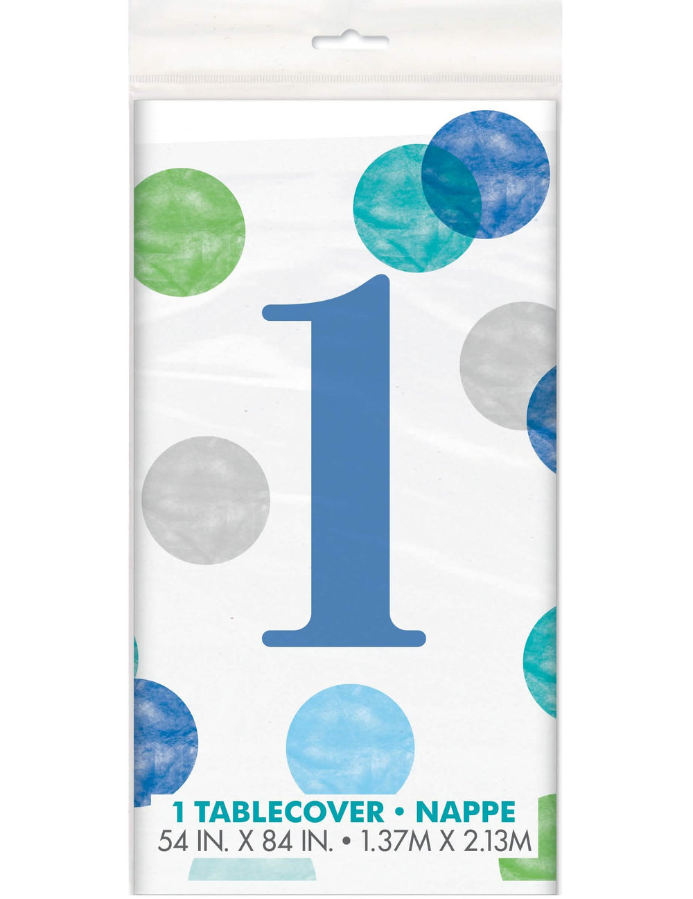 Toalha de mesa de plástico para aniversário de 1 ano para criança, branca e azul com bolinhas pastel