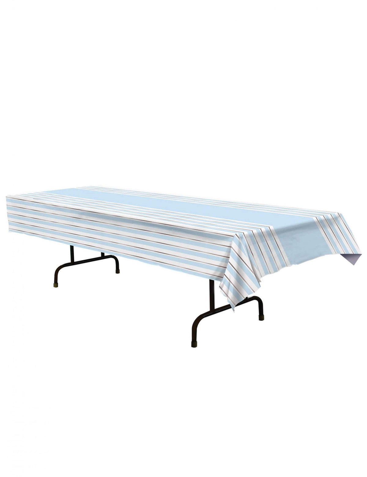 Toalha de mesa de plástico às riscas azul, branca e prateada