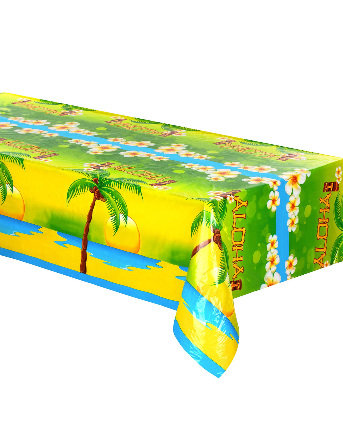 Nappe en plastique Aloha jaune verte et bleue avec motifs de palmiers et fleurs