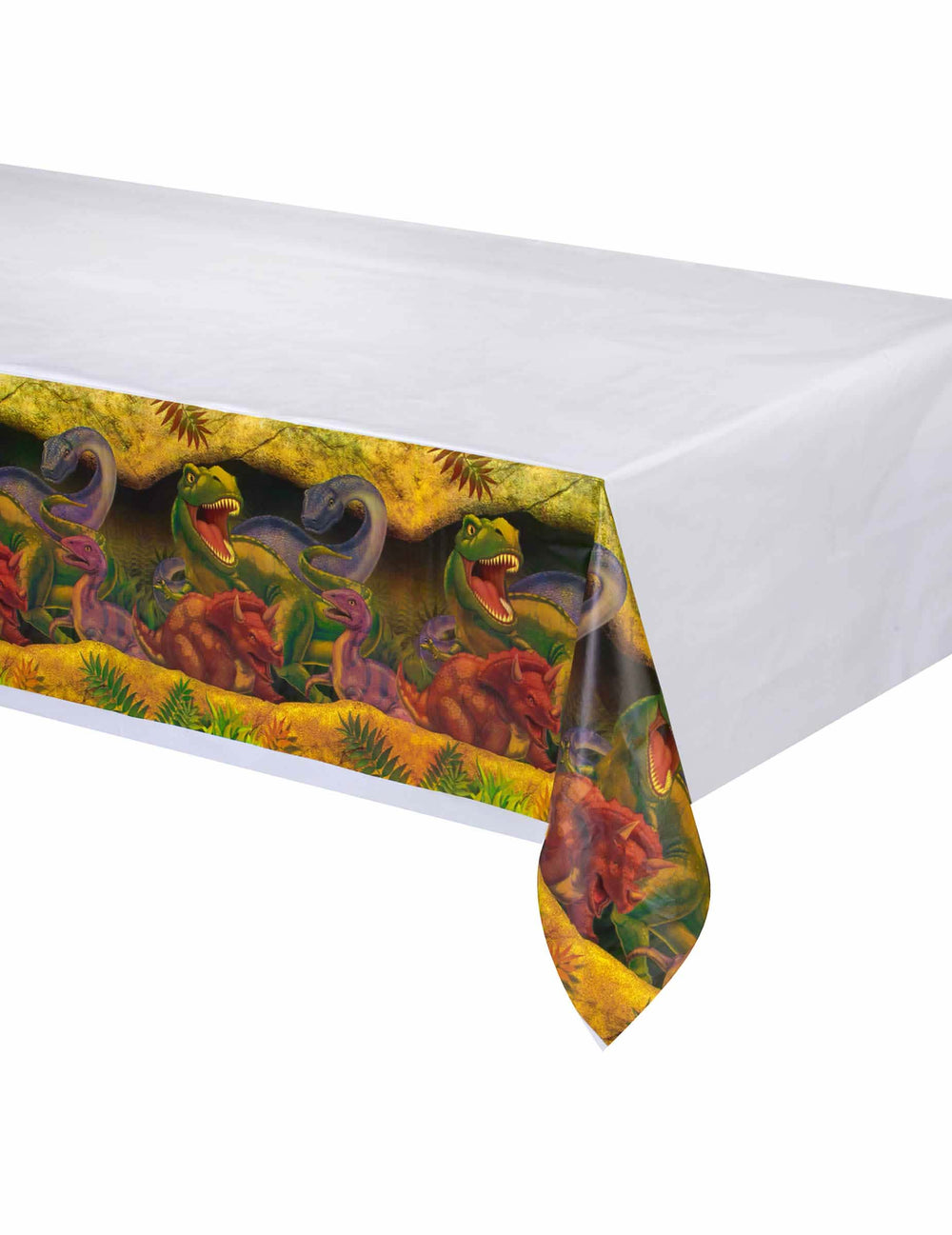 Toalha de mesa de plástico aniversário Dinossauros para criança branca com rebordo ilustrado colorido