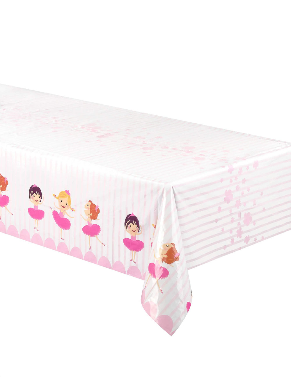 Toalha de mesa de plástico tema bailarinas para criança cor de rosa e branco às riscas