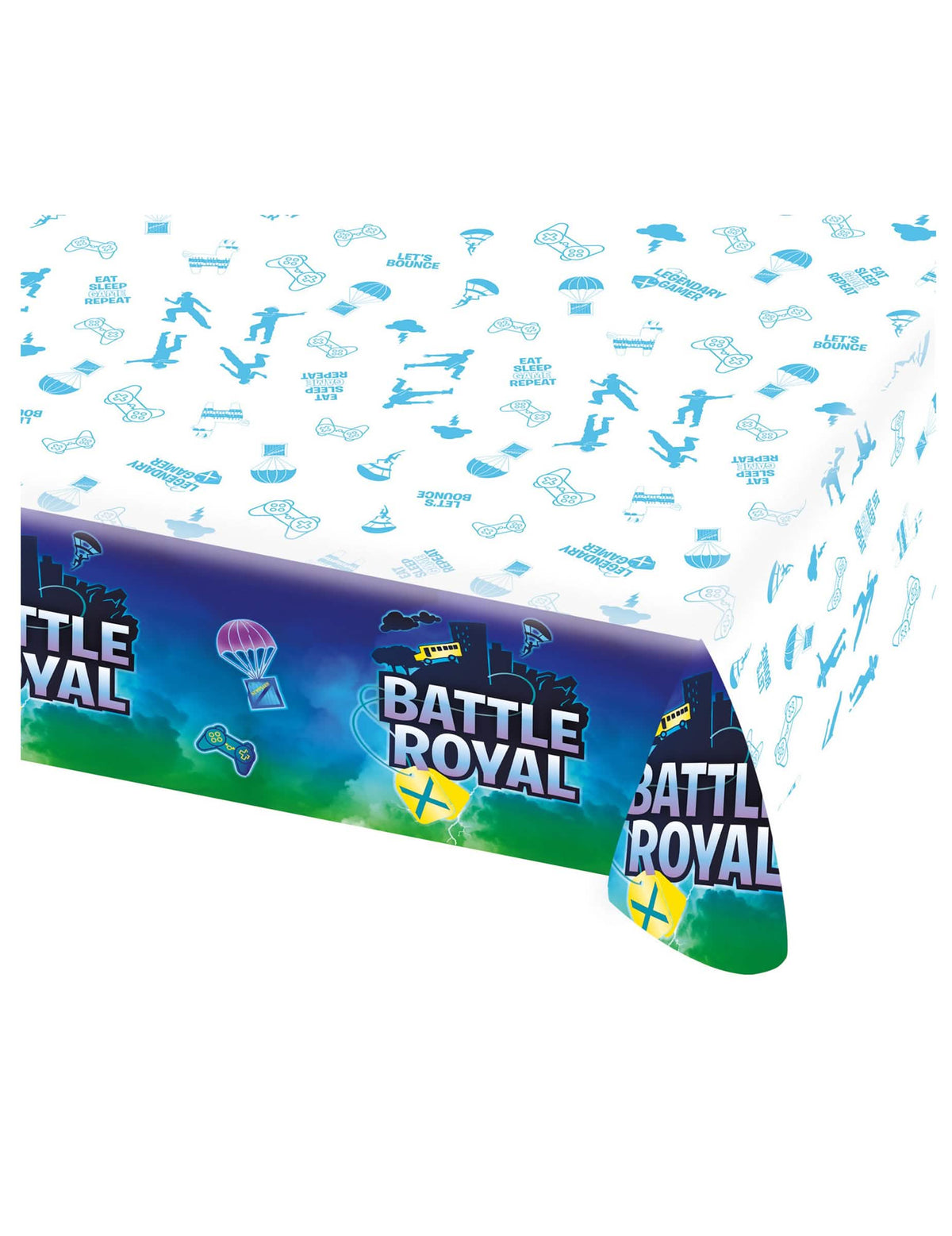 Toalha de mesa de plástico Battle Royale para aniversário, branca e azul, com motivos de jogos de vídeo