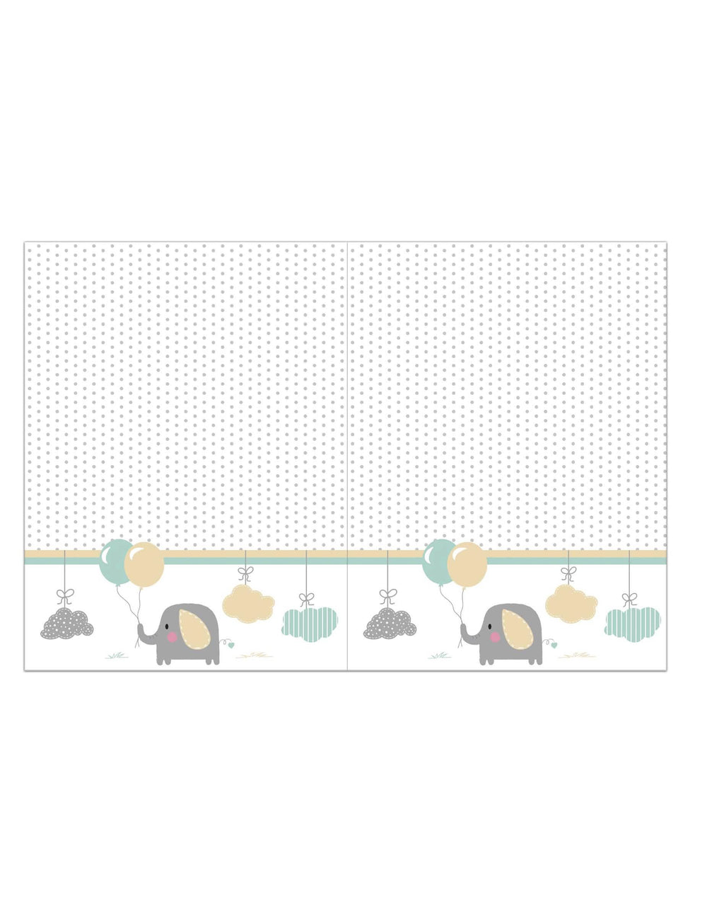 Toalha de mesa de plástico bebé elefante para baby shower branca com bolinhas cinzentas e motivos pastel