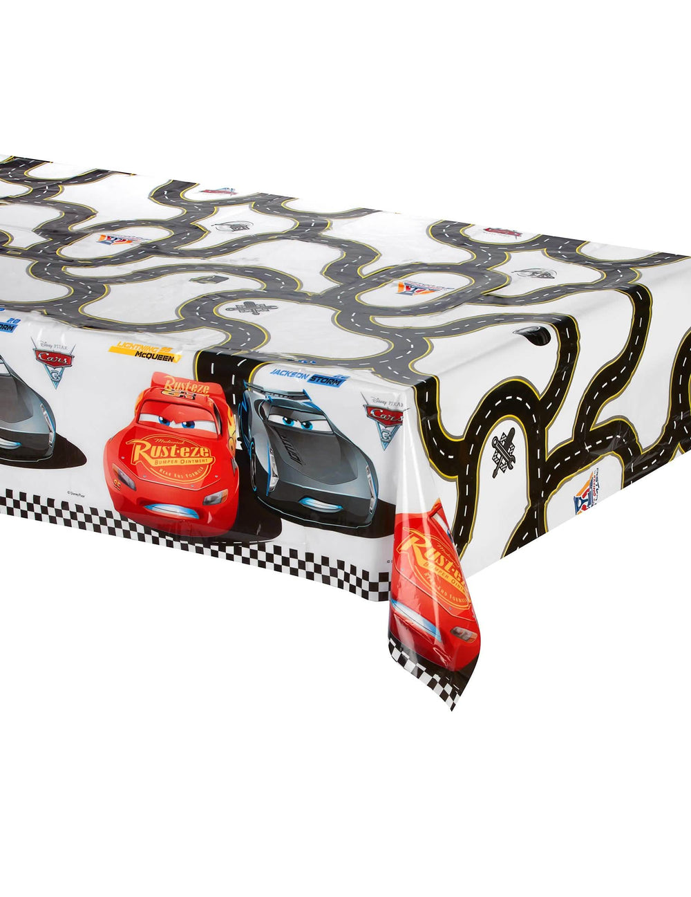 Toalha de mesa circuito automóvel Carros 3 para criança branca com Flash McQueen e Jackson Storm