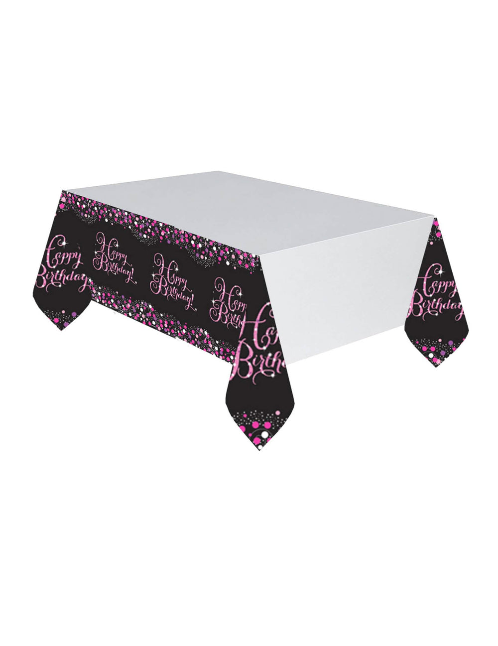 Toalha de mesa de plástico celebração cintilante Happy Birthday para aniversário cor de rosa e preto