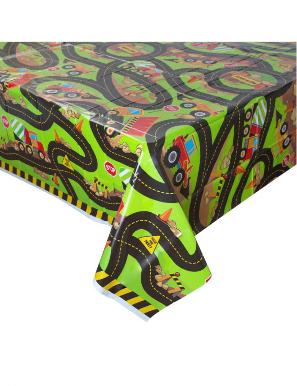 Toalha de mesa de plástico de obra para criança verde com motivos de estradas e máquinas de construção