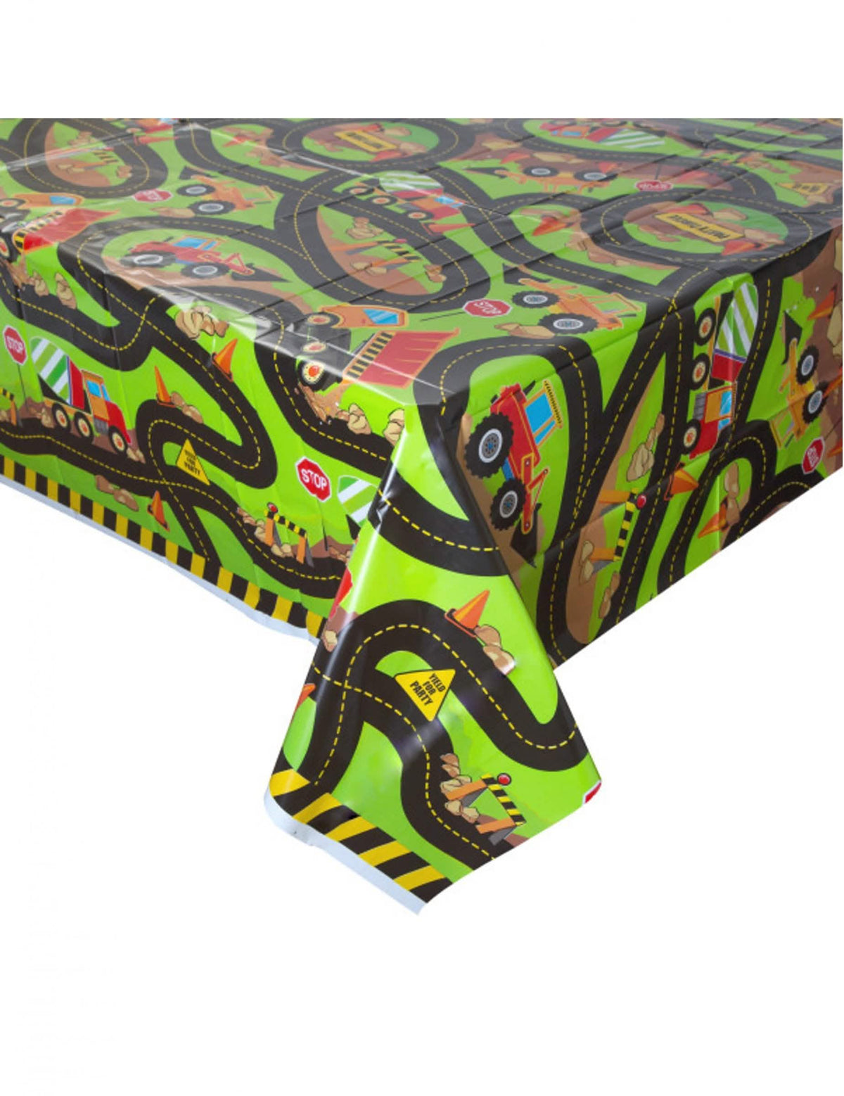 Toalha de mesa de plástico de obra para criança verde com motivos de estradas e máquinas de construção