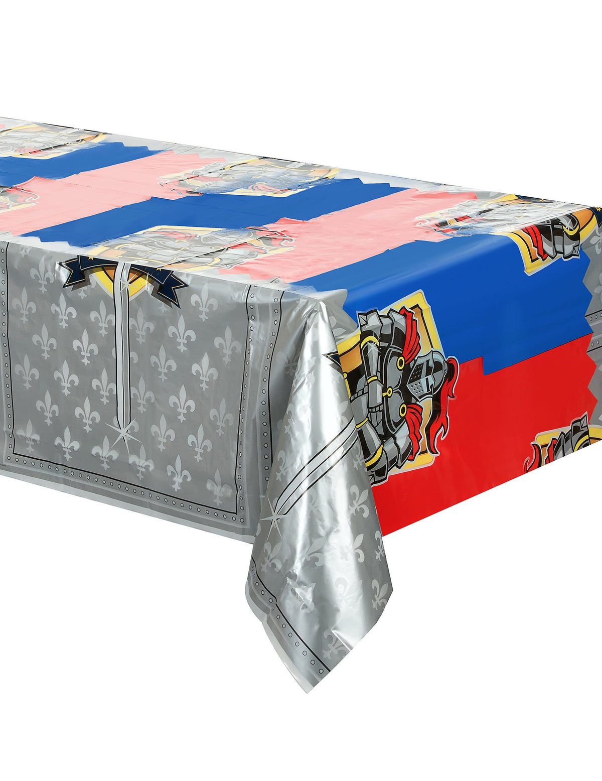 Nappe en plastique Chevaliers pour enfant bleue rouge et grise avec blasons