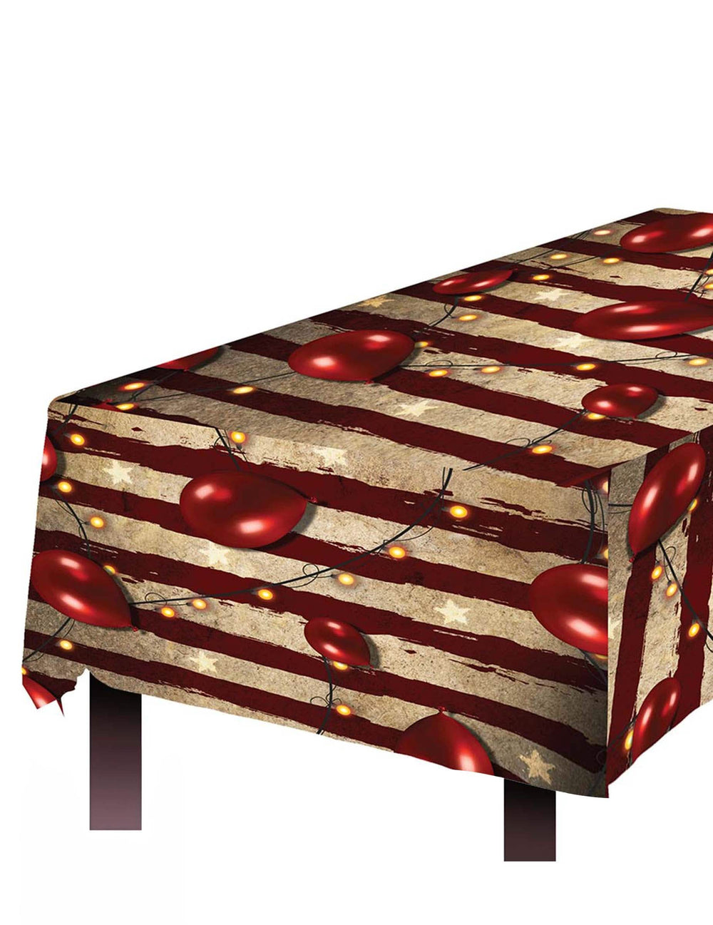 Toalha de mesa de plástico circo aterrador vermelho e bege com balões e guirlandas