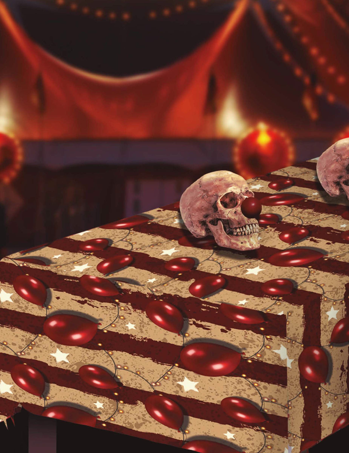 Mise em situação com decorações da toalha de mesa em plástico circo aterrador