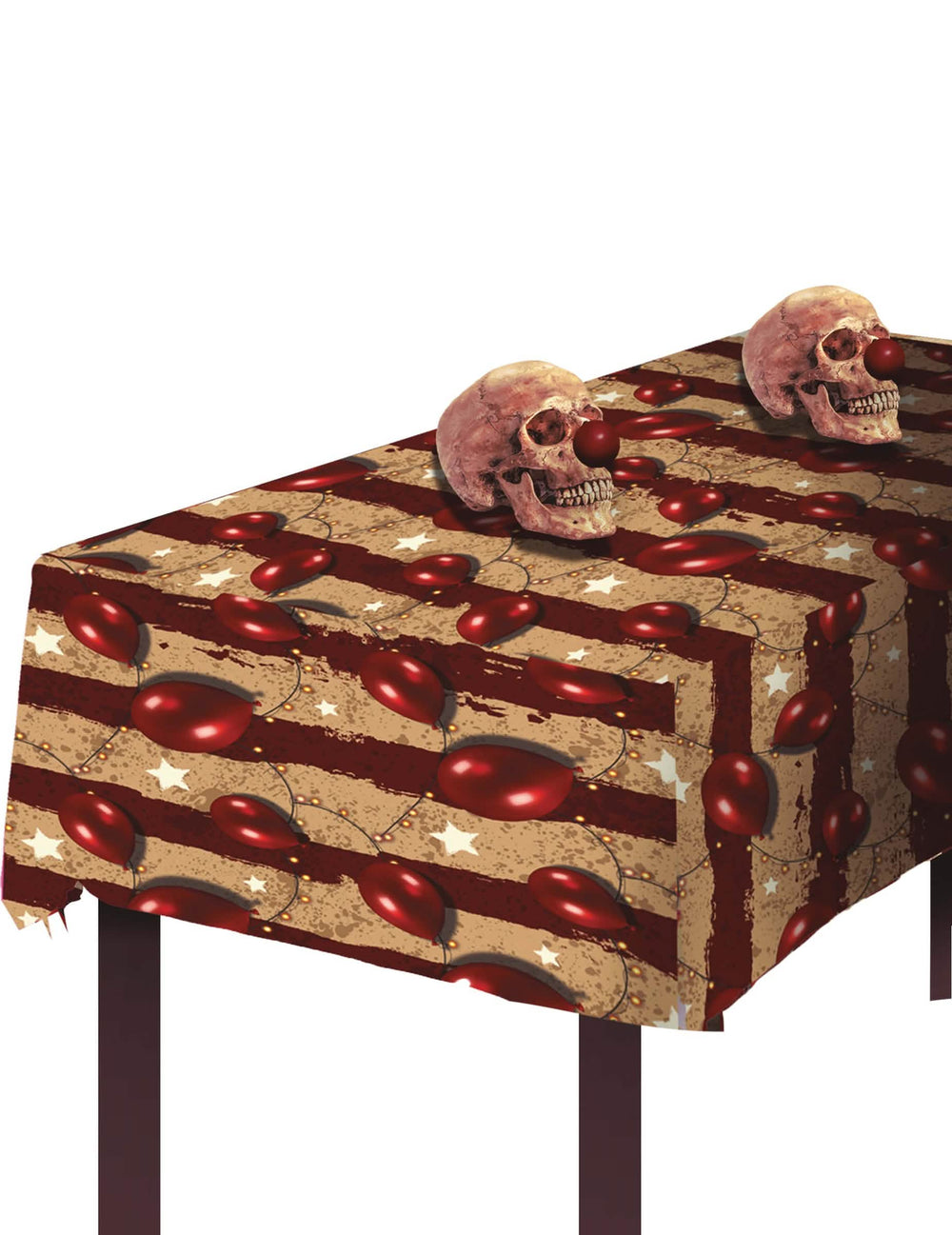 Toalha de mesa de plástico circus assustador para halloween bege e vermelho às riscas com motivos de balões e estrelas