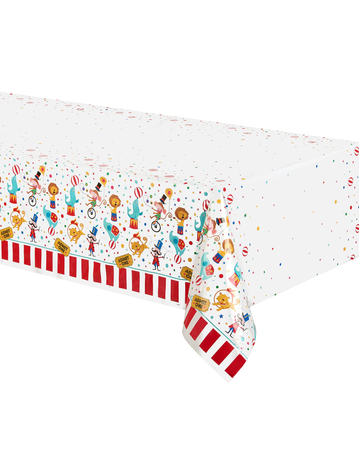 Nappe en plastique cirque pour fête blanche à motifs animaux et rayures rouges