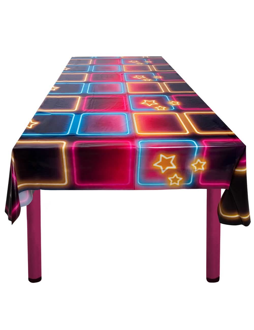 Toalha de mesa de plástico Disco Fever para festa com motivos de néons quadrados e estrelas multicoloridas