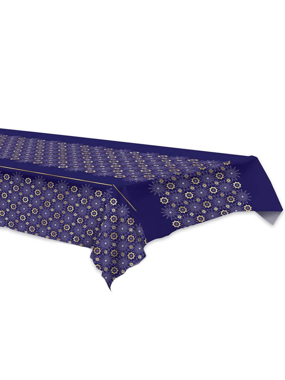Toalha de mesa de plástico Aïd Mubarak azul com rosetas douradas