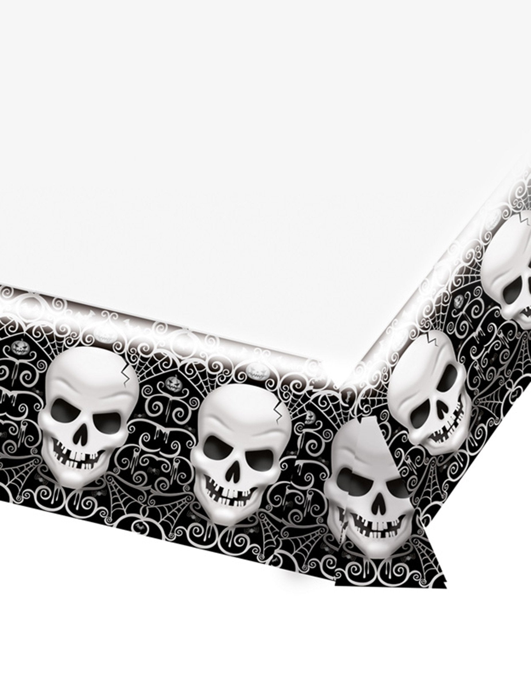Nappe en plastique Tête de mort Halloween noir et blanc avec motifs de crânes et toiles d'araignée