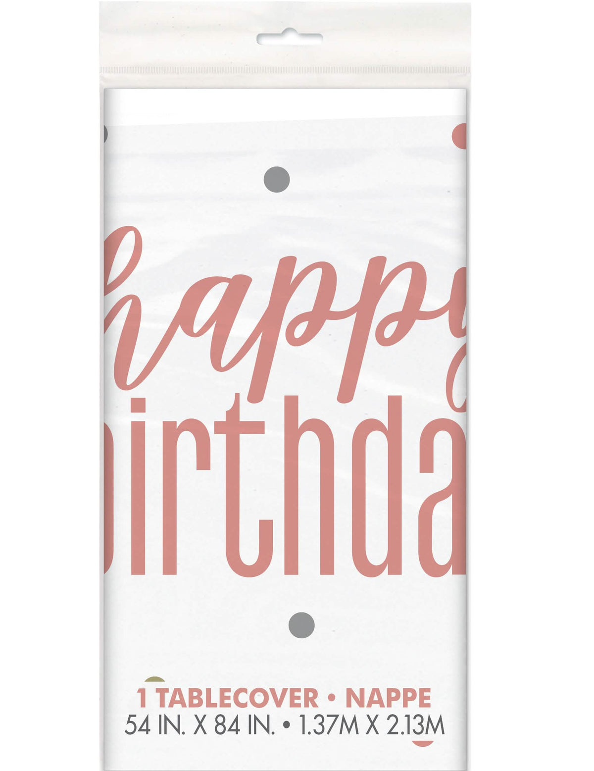 Toalha de mesa de plástico Happy Birthday para aniversário branca e cor de rosa às bolinhas