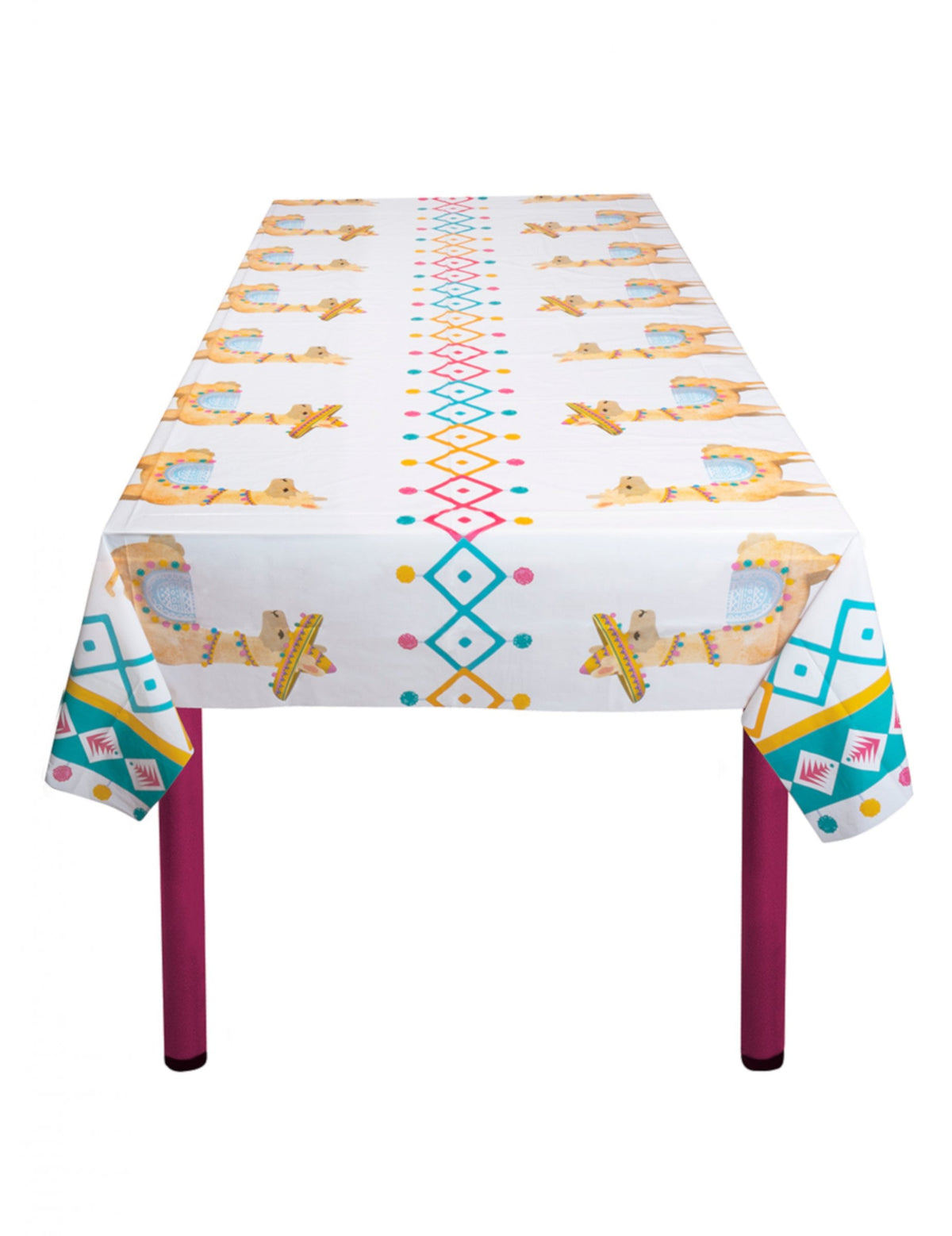 Nappe en plastique lama pour fête blanche à motifs géométriques et sombreros
