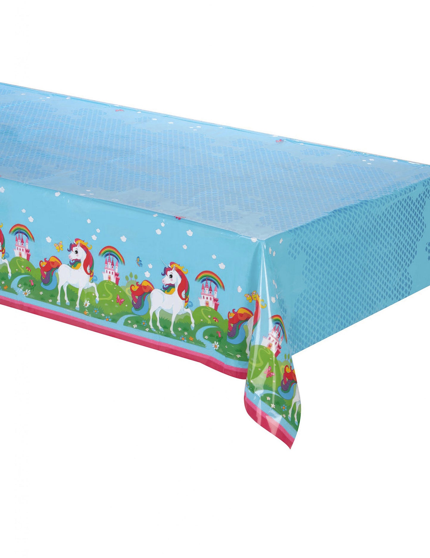 Nappe en plastique Licorne pour enfant bleue avec châteaux et arcs-en-ciel
