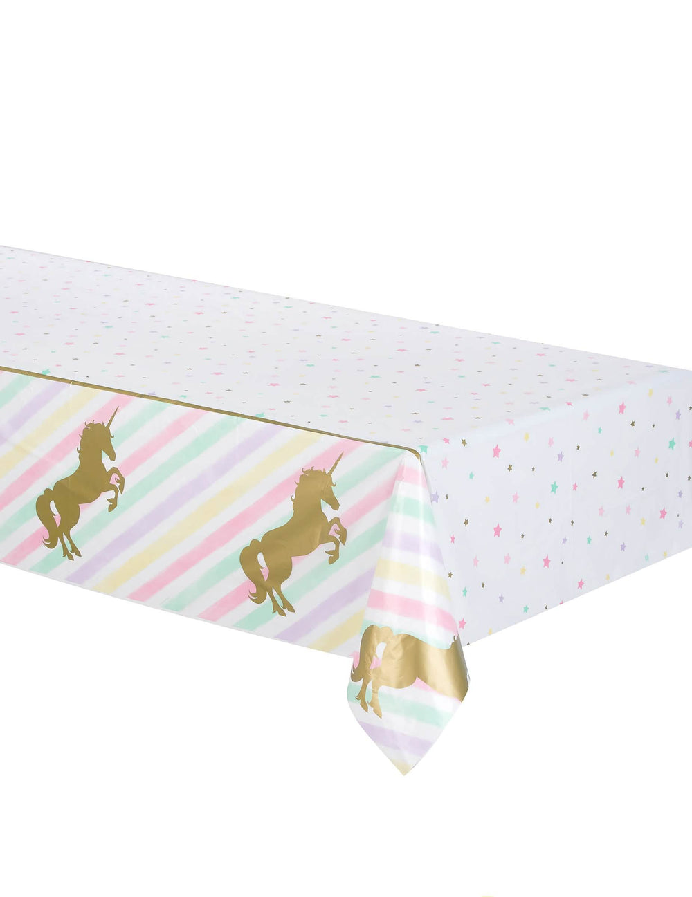Toalha de mesa de plástico unicórnio pastel e estrelas douradas