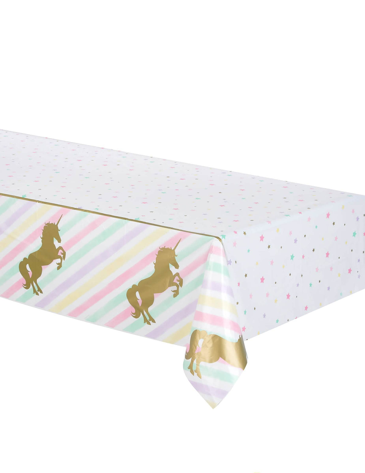 Toalha de mesa de plástico unicórnio pastel e estrelas douradas
