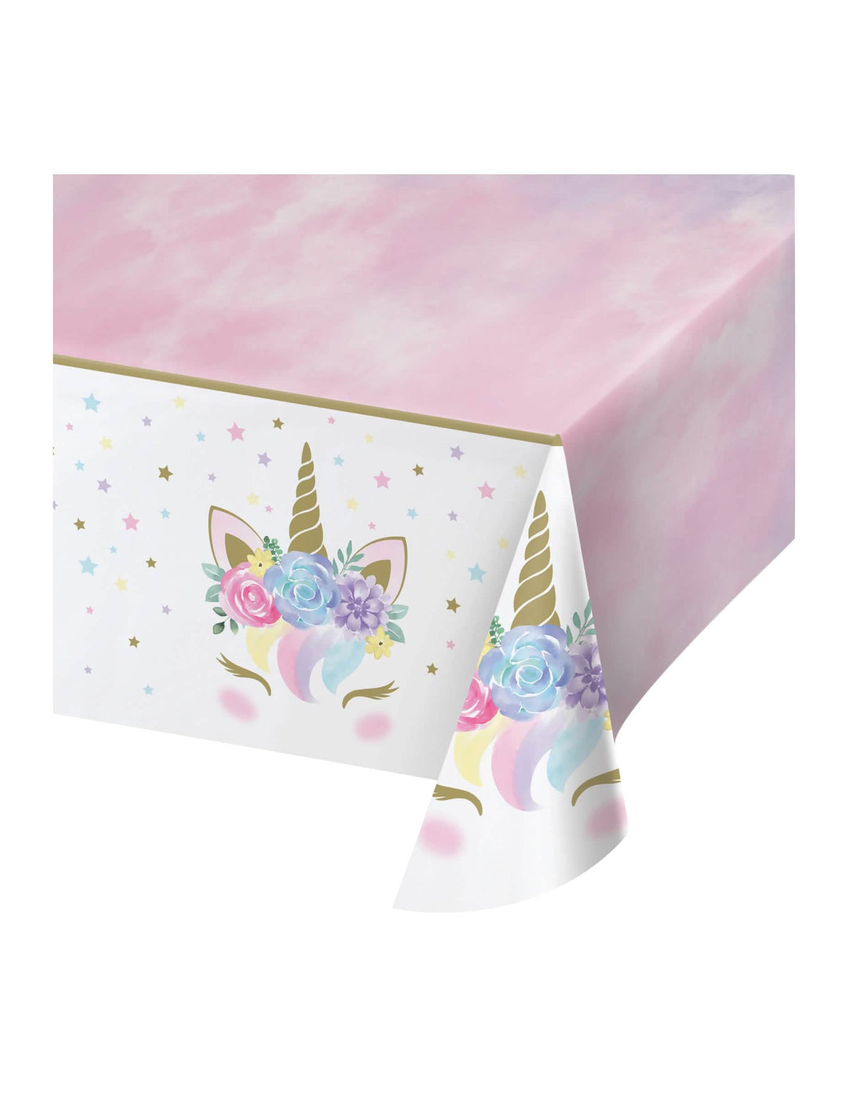 Toalha de mesa de plástico unicórnio feérico cor de rosa e branca com motivos de flores e estrelas