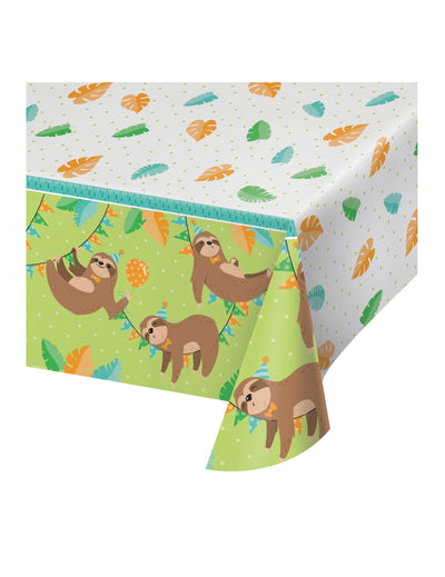 Nappe en plastique paresseux mignon pour anniversaire vert et blanc à motifs tropicaux
