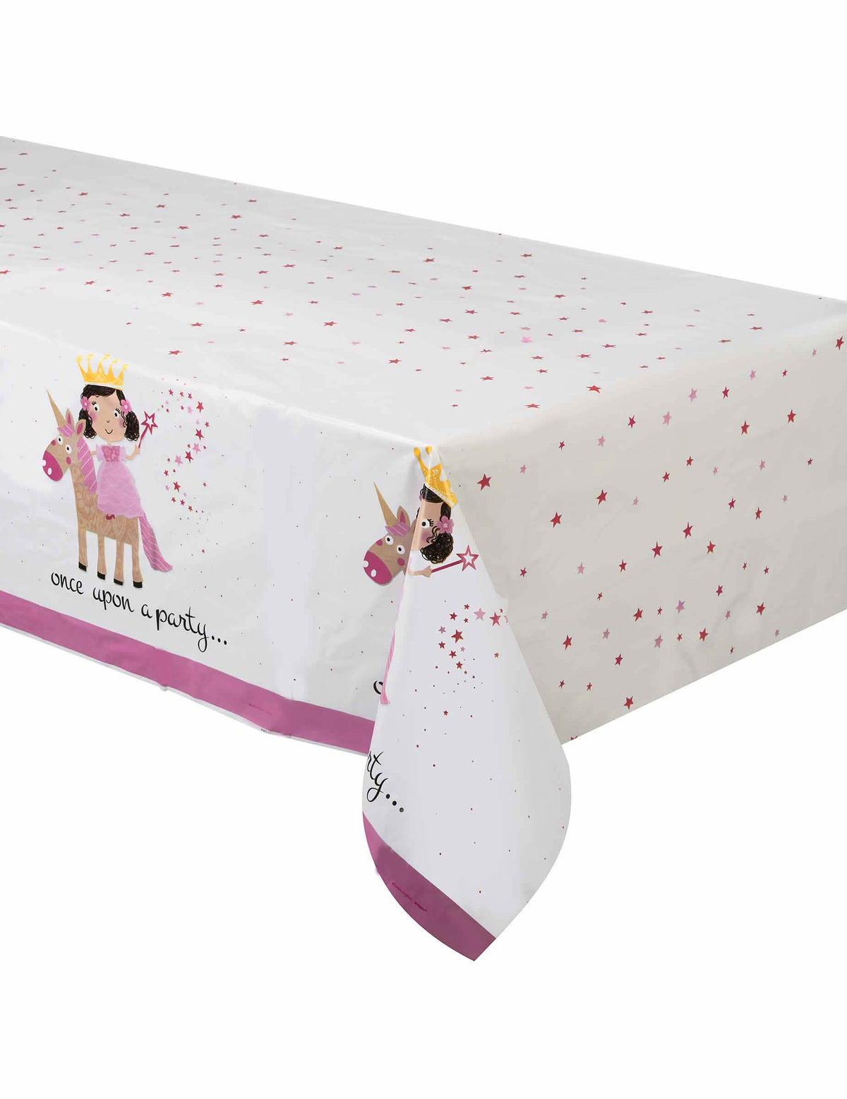 Toalha de mesa de plástico princesa e unicórnio para aniversário branca e cor de rosa com estrelas