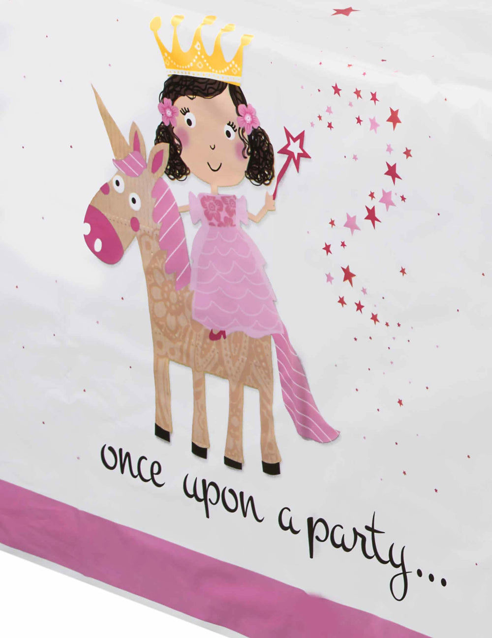 Detalhe da impressão com princesa e unicórnio da toalha de mesa de plástico princesa e unicórnio para aniversário
