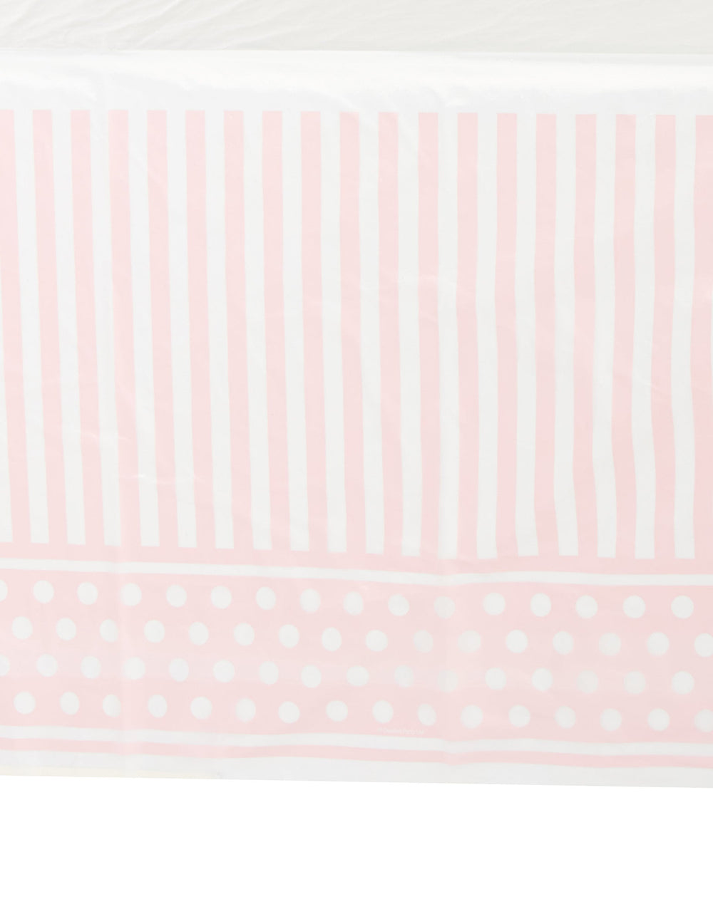 Détail des motifs de la nappe en plastique rayé et à pois pour fête rose et blanc