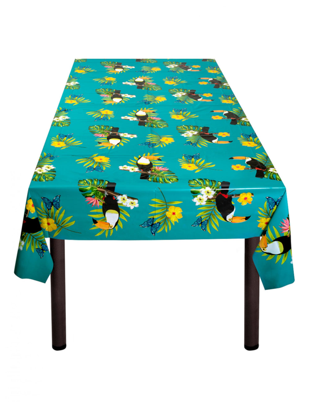Nappe en plastique toucan pour fête turquoise à motifs tropicaux et fleurs