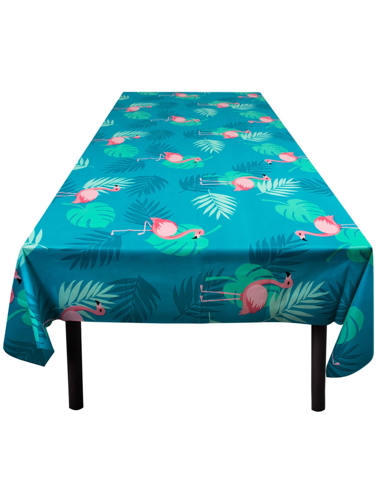 Toalha de plástico Flamant Tropic para festa azul turquesa com flamingos cor-de-rosa e folhas tropicais