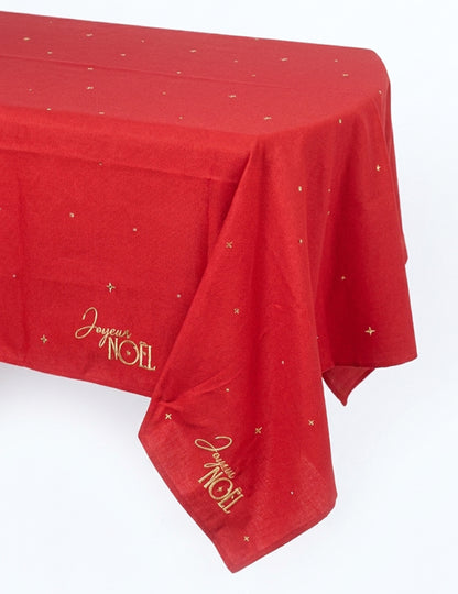 Toalha de mesa em tecido Feliz Natal vermelho e dourado 140 x 240 cm