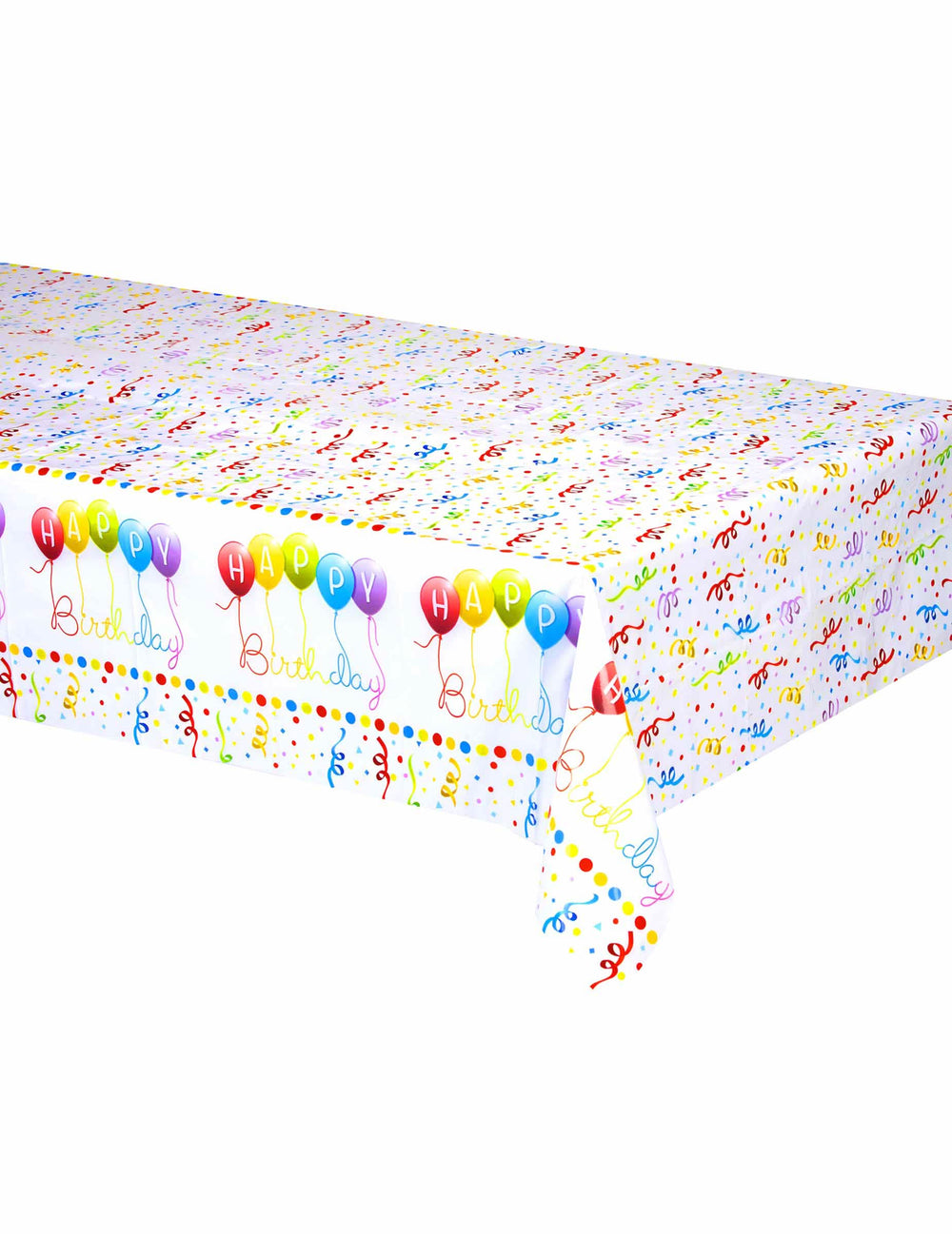 Toalha de plástico Happy Birthday para aniversário branca com motivos de confettis e balões multicoloridos