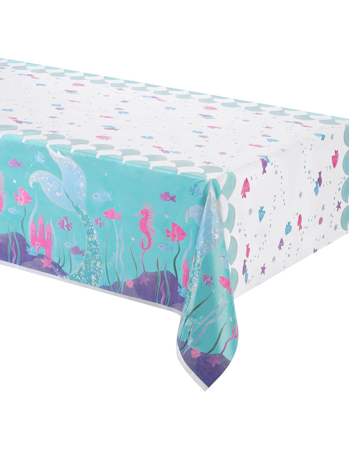 Toalha de mesa de plástico bonita com sereias para aniversário, azul e branca, com motivos marinhos coloridos