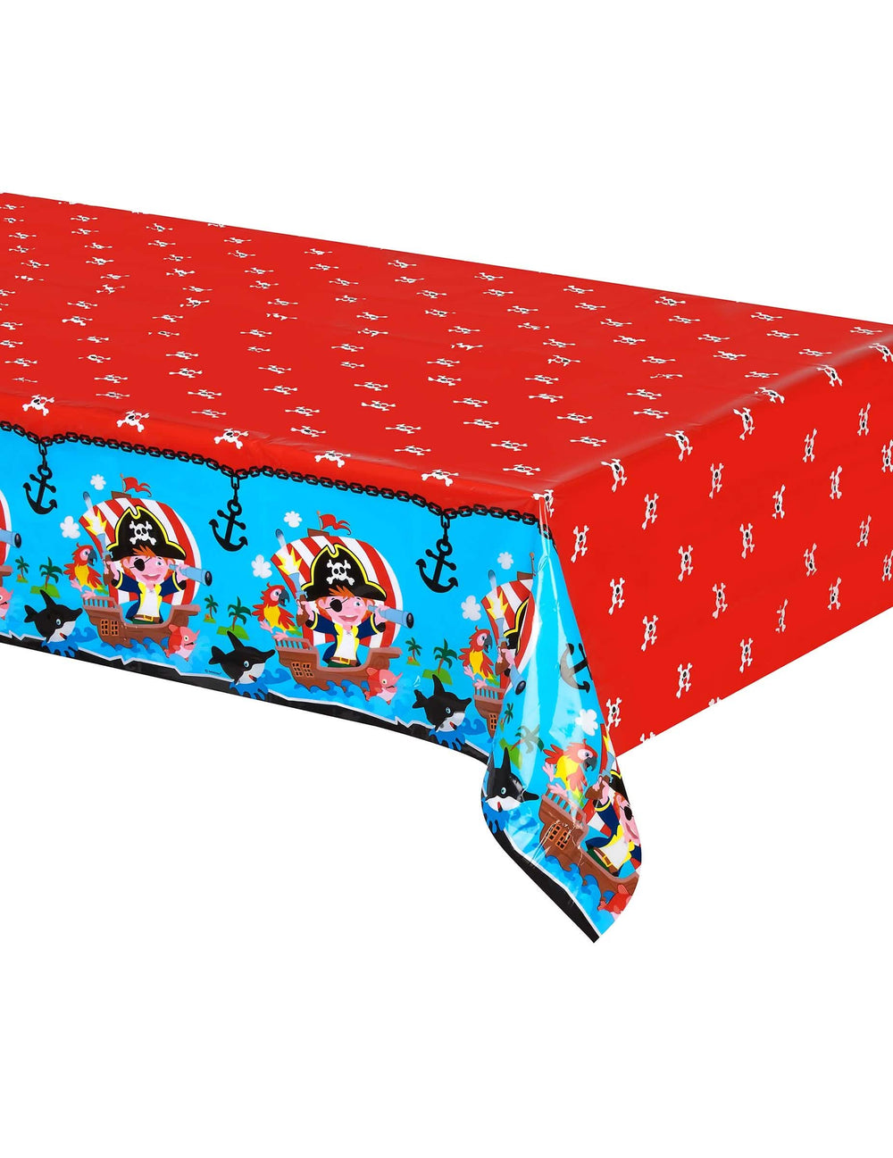 Toalha de mesa de plástico pirata para aniversário vermelha e azul com ilustrações