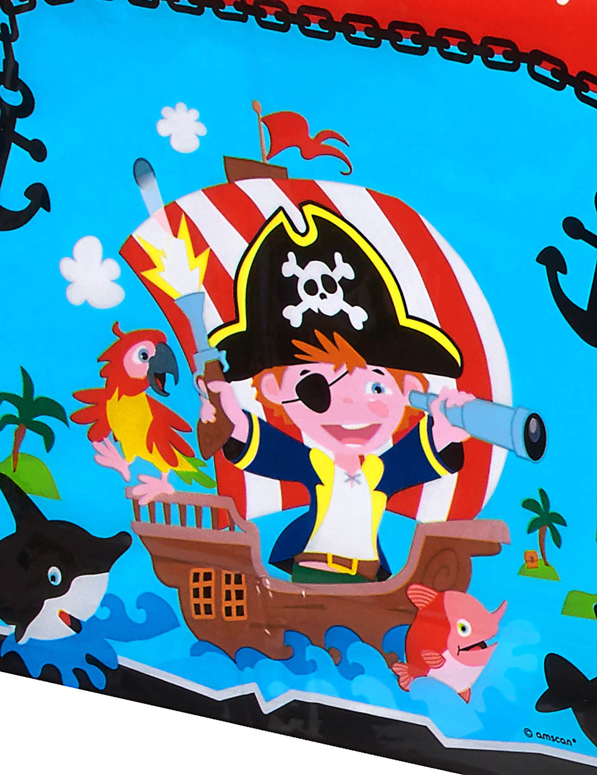 Grande plano sobre a ilustração da toalha de plástico pirata para aniversário
