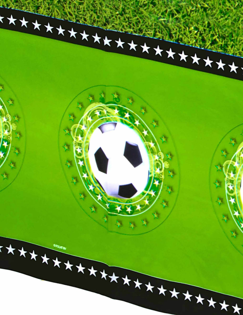 Detalhe do motivo de bola da toalha de mesa de plástico Estádio de futebol