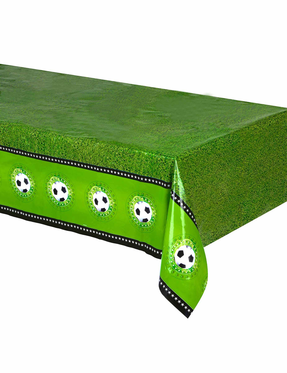 Toalha de mesa de plástico Estádio de futebol para festa verde com efeito relva e motivos de balões