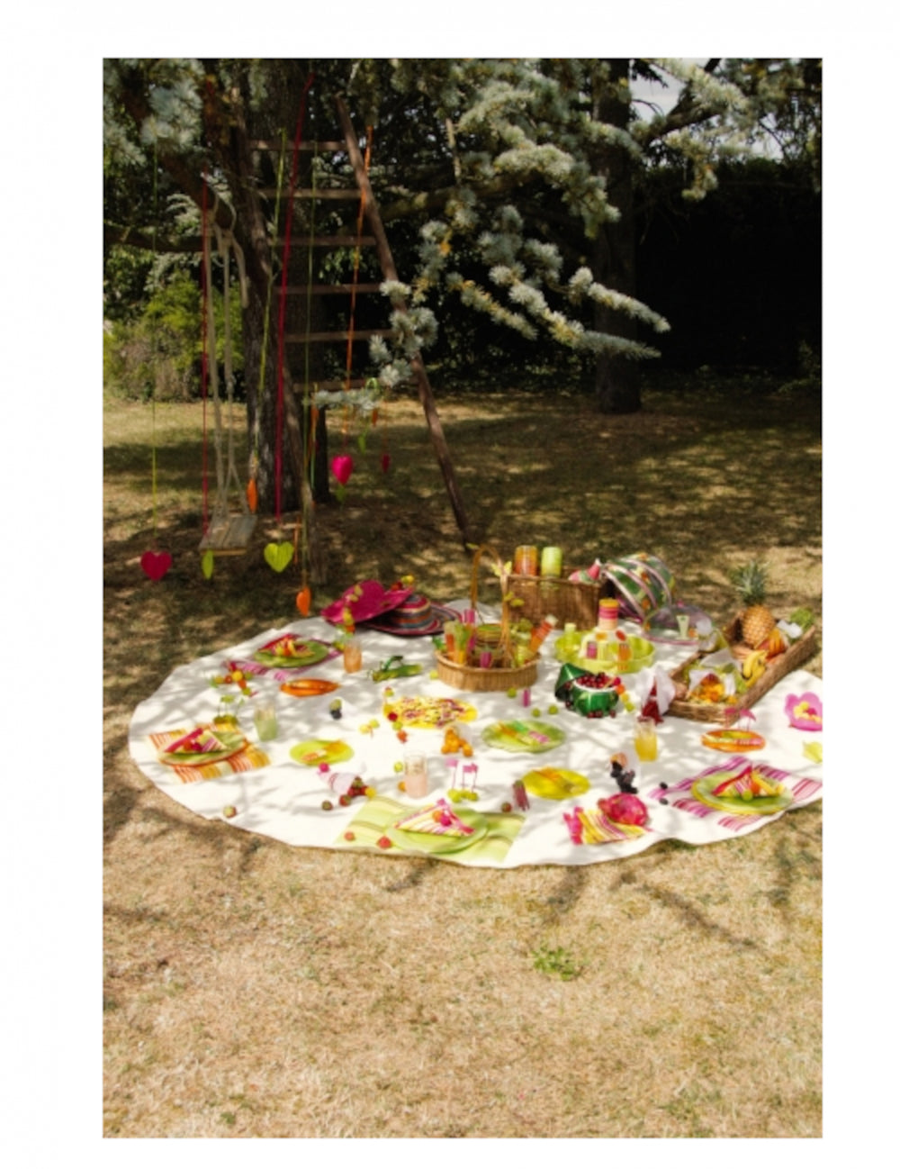 Mise en situation lors d'un pique-nique de la nappe ronde en intissé mariage et baptême pour fête